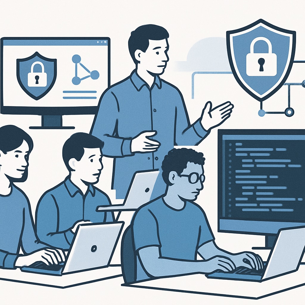 A futuristic depiction of IT professionals working on cybersecurity and programming projects. IT professionals collaborating on cybersecurity and programming tasks.