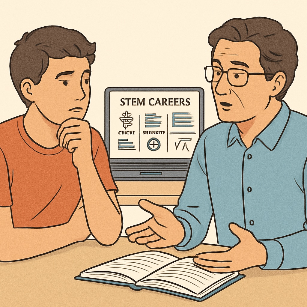 A student and a parent discussing career options at a table, with a laptop displaying STEM career data in the background. Parent and student discussing STEM career planning with a laptop showing STEM data.