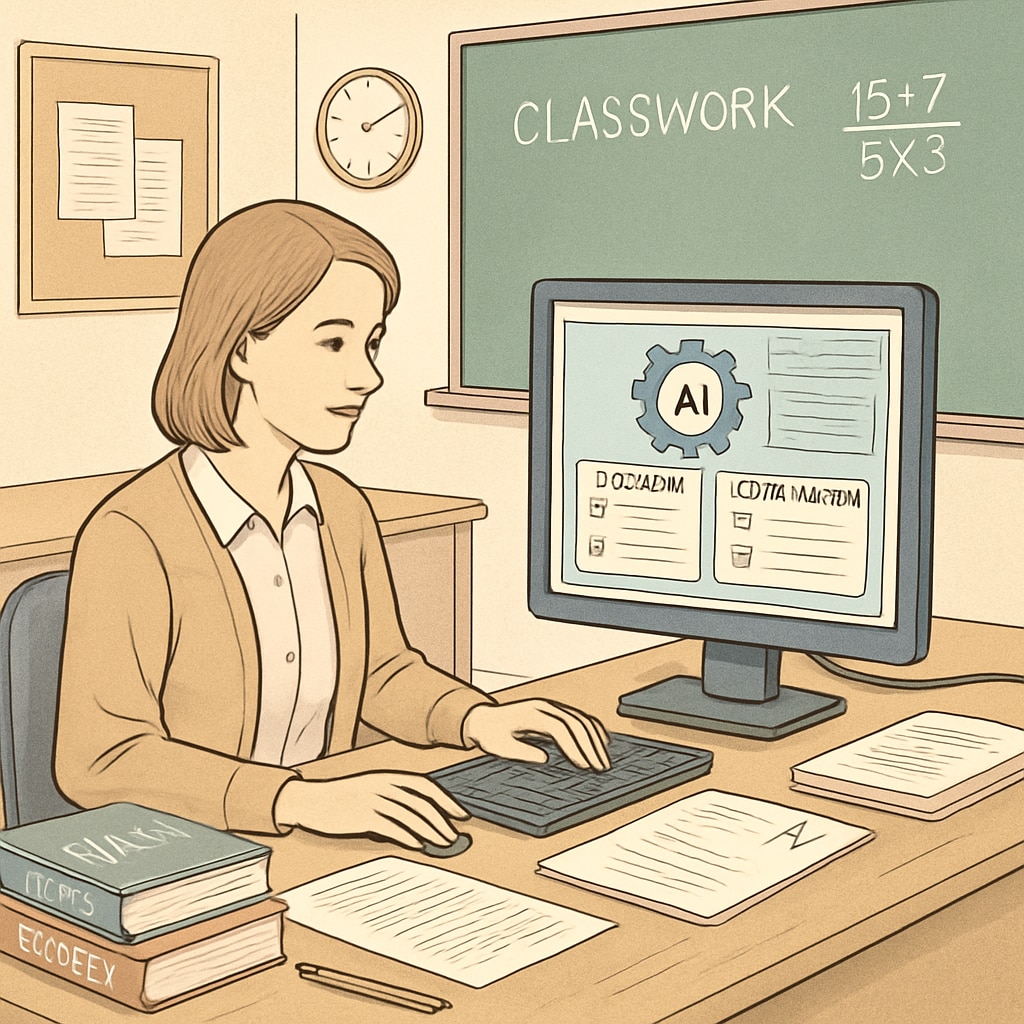 A teacher using AI software to automate grading and lesson planning tasks in a classroom setting. AI-powered tools assisting teachers with grading and lesson planning to reduce workloads.