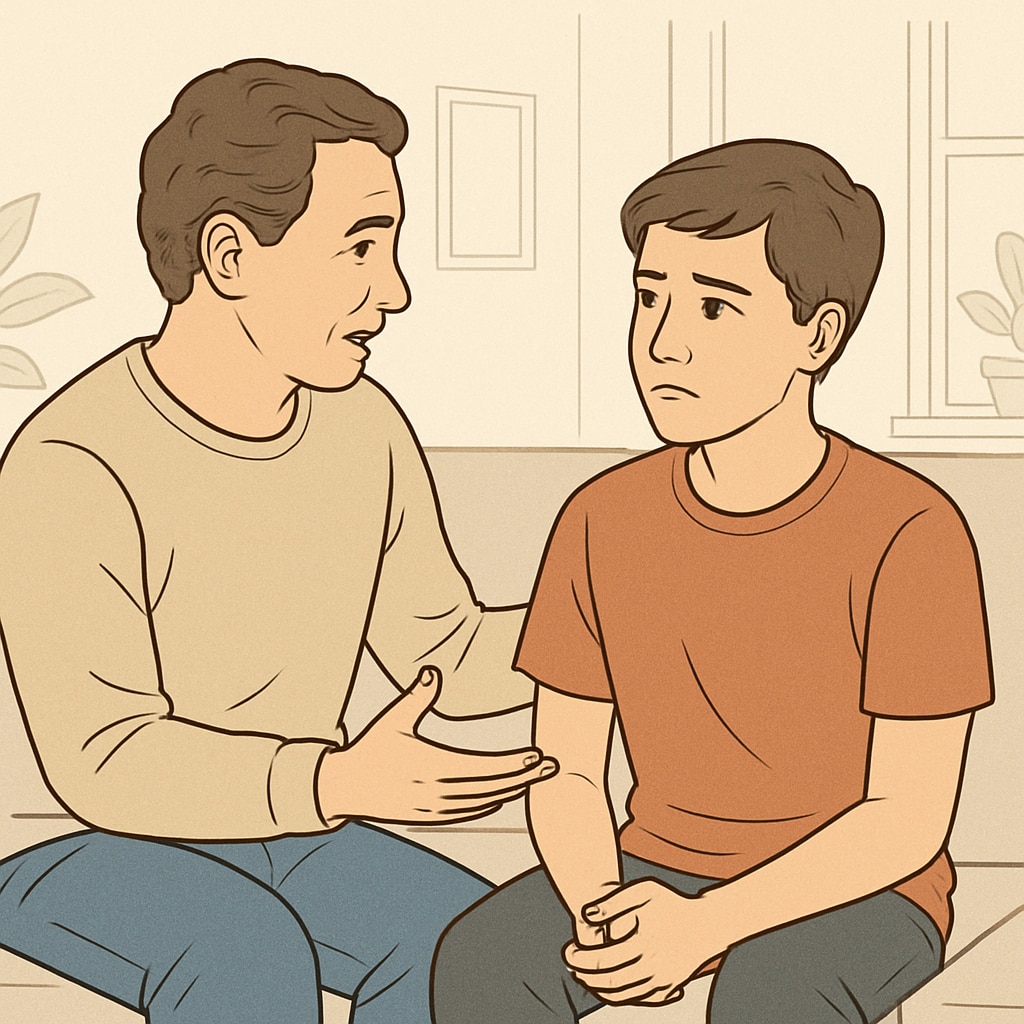 A supportive parent talking to their teenage child in a relaxed and open environment. The image conveys trust and communication between the parent and teen. Parent and teenager having a meaningful conversation about academic and lifestyle challenges.