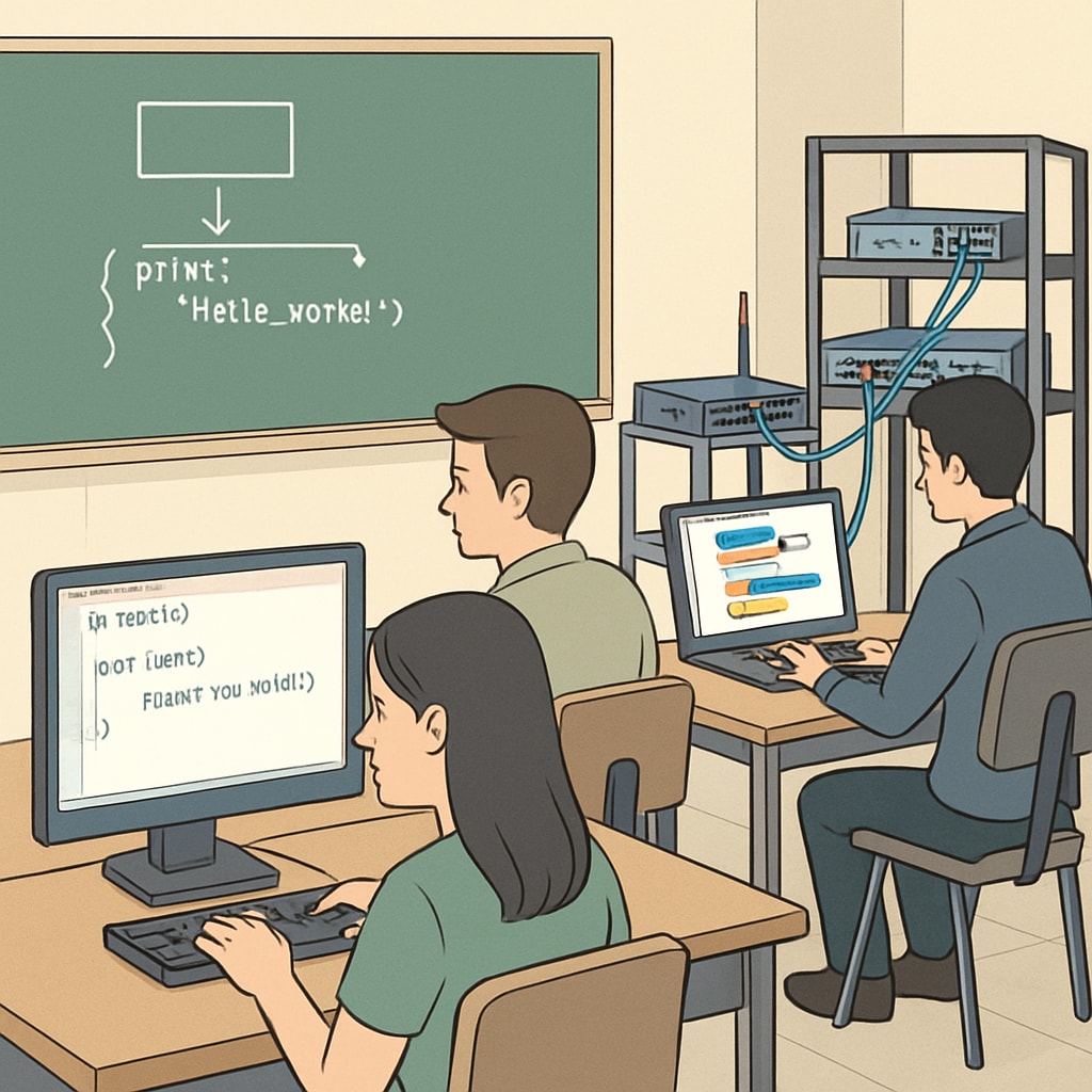 A classroom setting showing students learning programming and network technology. Students engaging in hands-on programming and network technology activities.