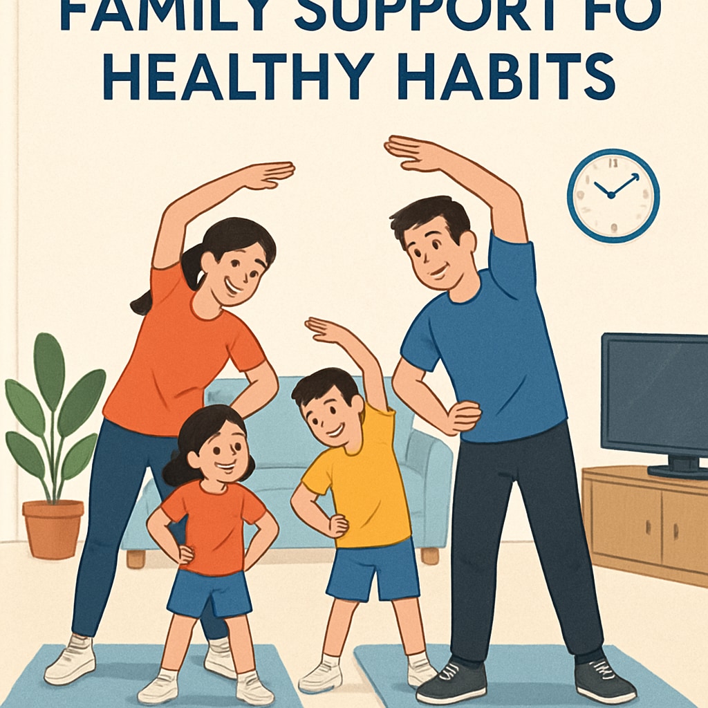 A family engaged in a healthy activity, such as cooking or exercising together. This image highlights the importance of family support in promoting healthy habits. Family bonding through a healthy activity to encourage positive lifestyle changes.