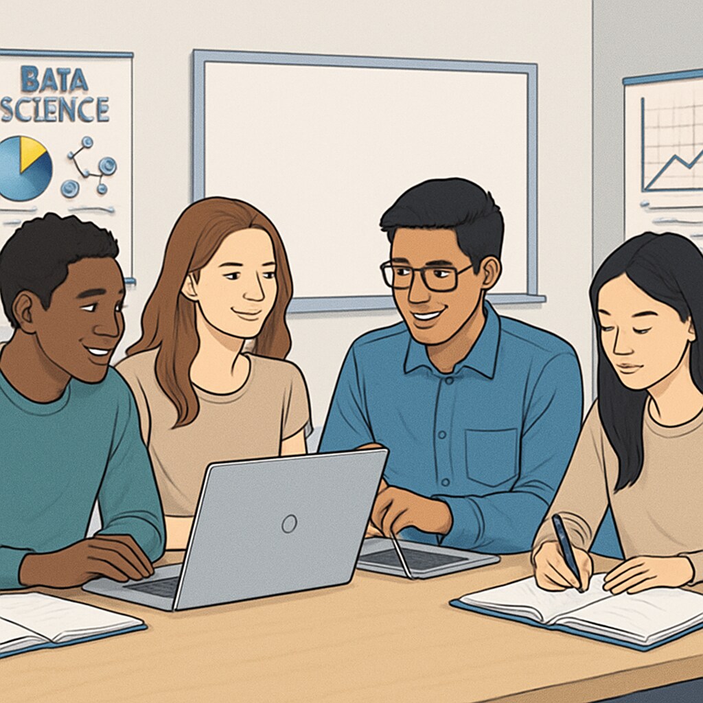 A group of international students studying together with laptops, symbolizing collaboration in data science education. International students studying together for data science programs in U.S. universities.