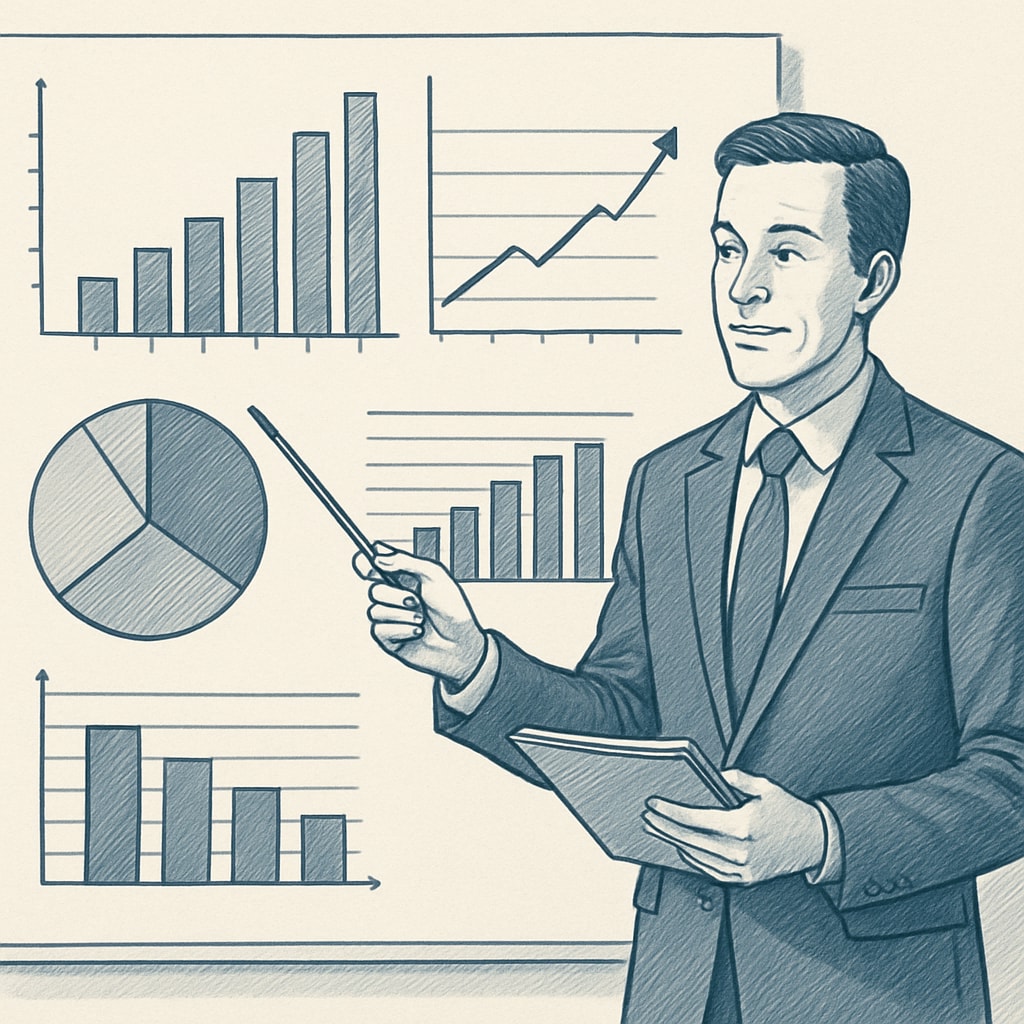 A professional presenting financial and analytical data through charts and graphs in a corporate setting. A business professional showcasing financial and analytical insights, emphasizing business analytics and finance.