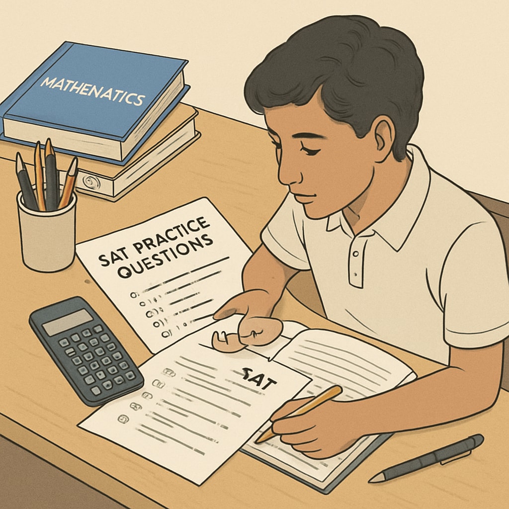 A student reviewing SAT practice questions with a calculator and notebook on a desk, emphasizing preparation for standardized tests. Student preparing for SAT exams to apply for U.S. data science programs.
