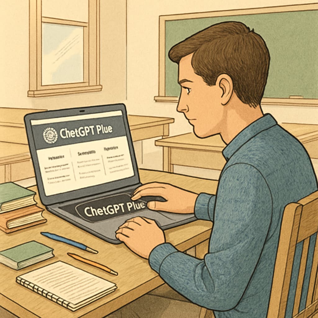 A college student sitting at a desk, using a laptop with ChatGPT Plus displayed on the screen. College student using ChatGPT Plus for academic tasks.