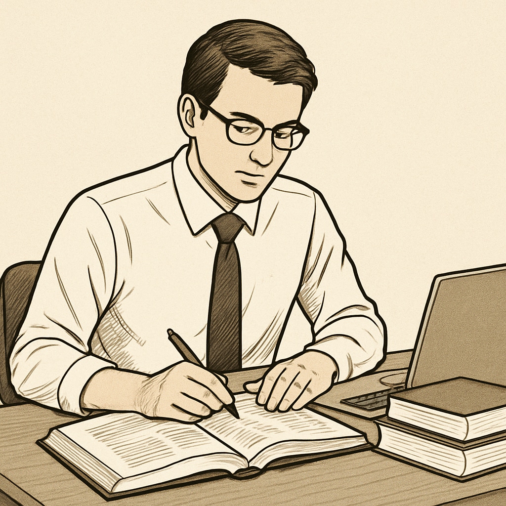 A professional in their 30s sitting at a desk with a laptop and textbooks, symbolizing the balance between work and studying. A professional balancing career, education, and time management at a desk.