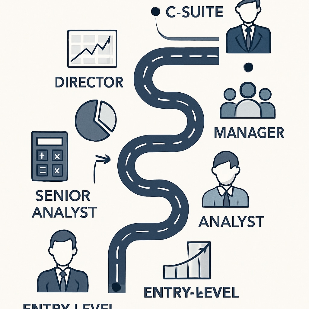 A career roadmap with milestones from entry-level to C-suite, emphasizing analytics and finance. A visual roadmap depicting career advancement in business analytics and finance.