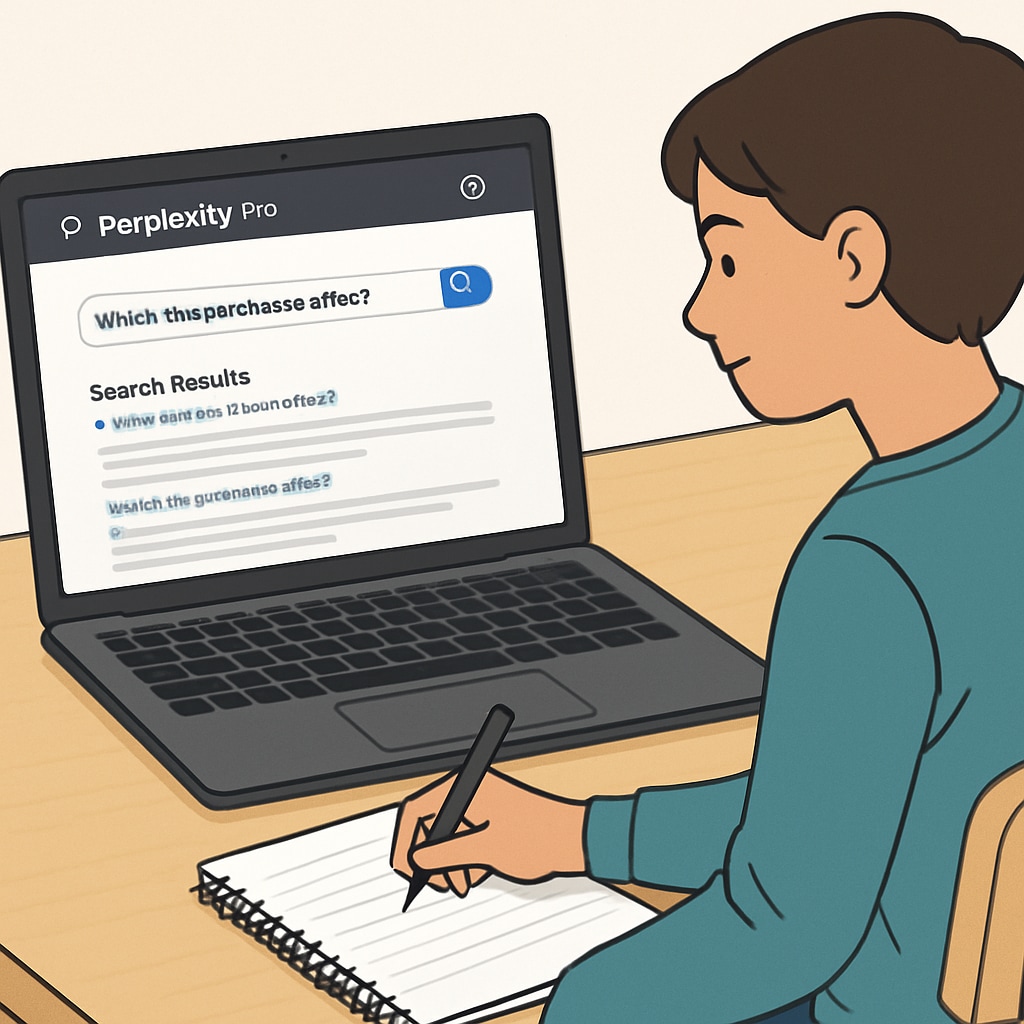 A laptop displaying Perplexity Pro's search results, with a student taking notes beside it. Perplexity Pro search results enhancing academic research.