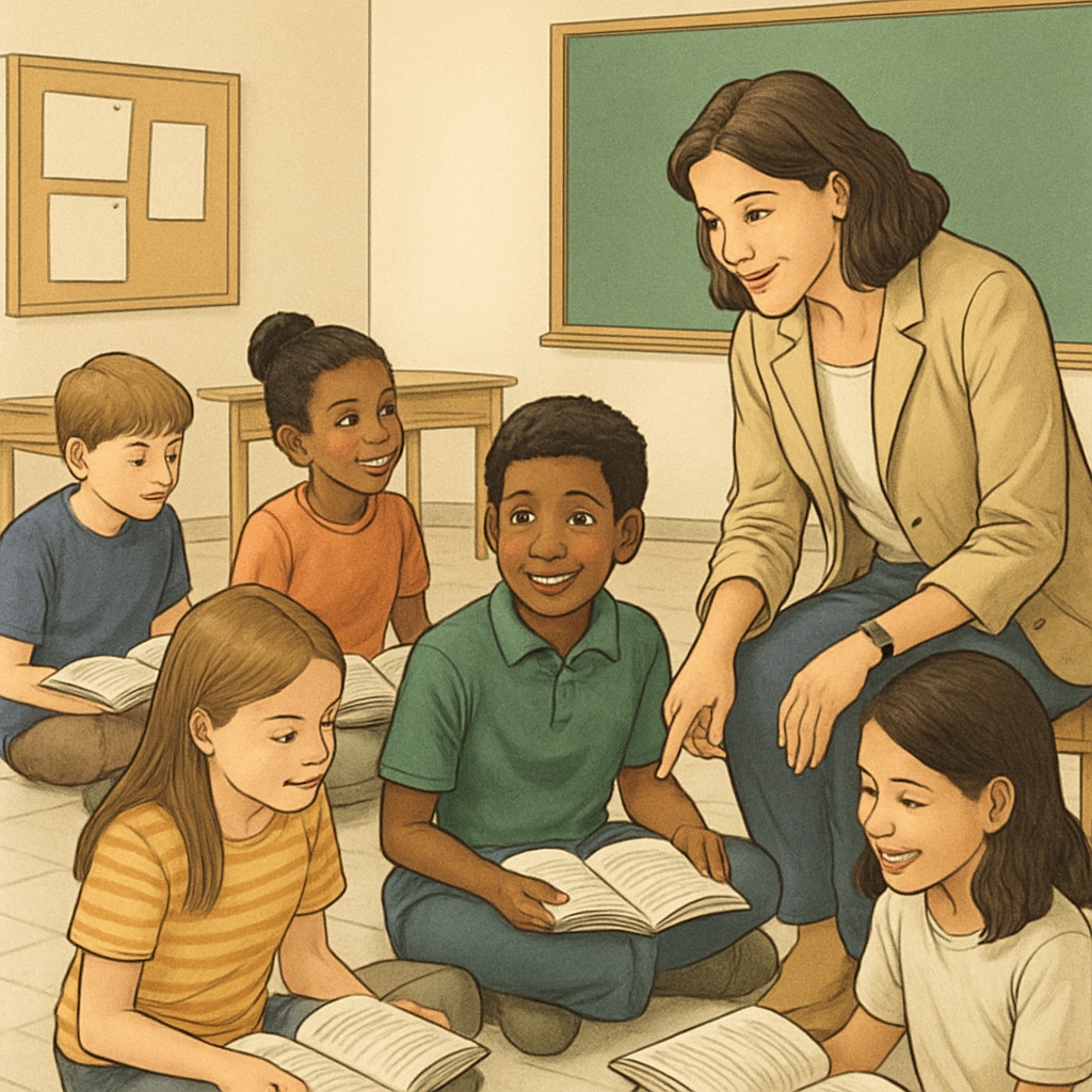 Fifth-grade teacher leading a group reading session to balance comprehension and standards-based learning.