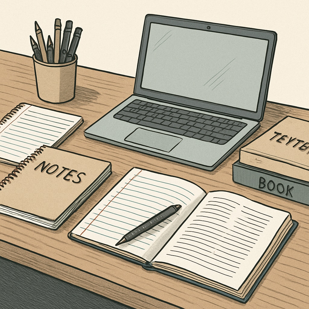 A student organizing their study materials while preparing for multiple failed exams. The image shows a desk with notebooks, textbooks, and a laptop. Exam preparation desk setup for multiple failed exams
