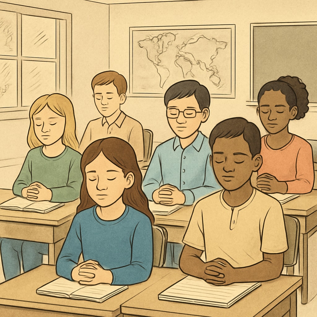 Students observing a moment of silence in solidarity with global humanitarian crises.