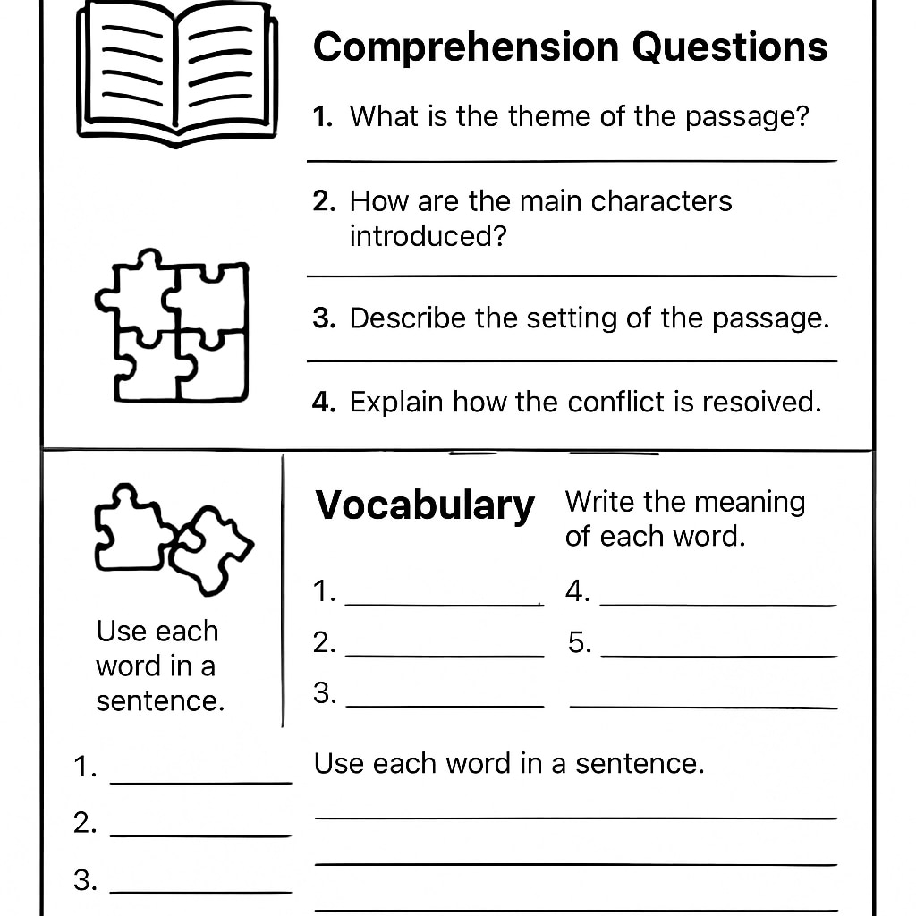 Fifth-grade reading worksheet combining comprehension and standards-based activities.