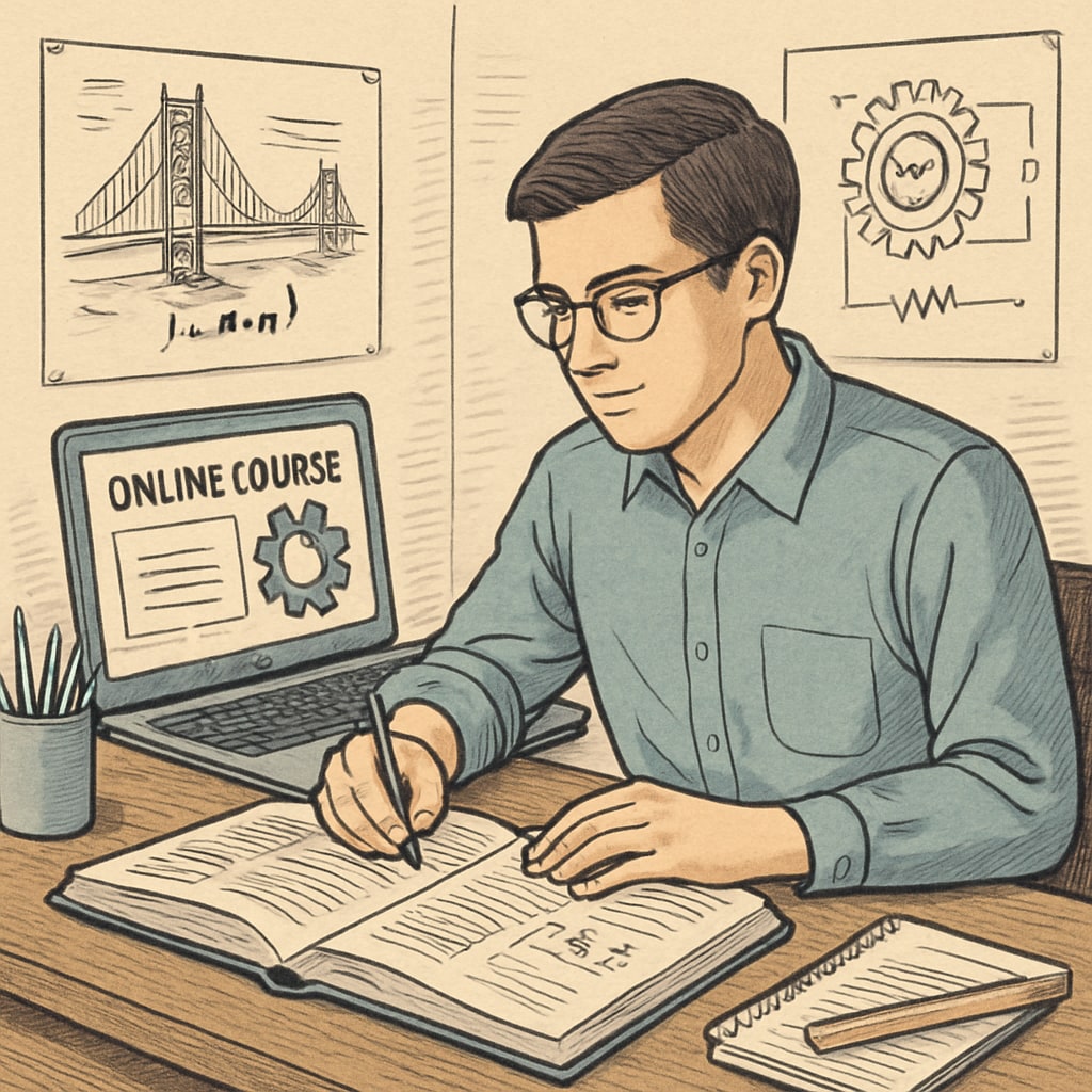 An engineering student using a laptop to study for an online course, sitting at a desk with technical diagrams. Engineering student studying online, incorporating time management and career planning.