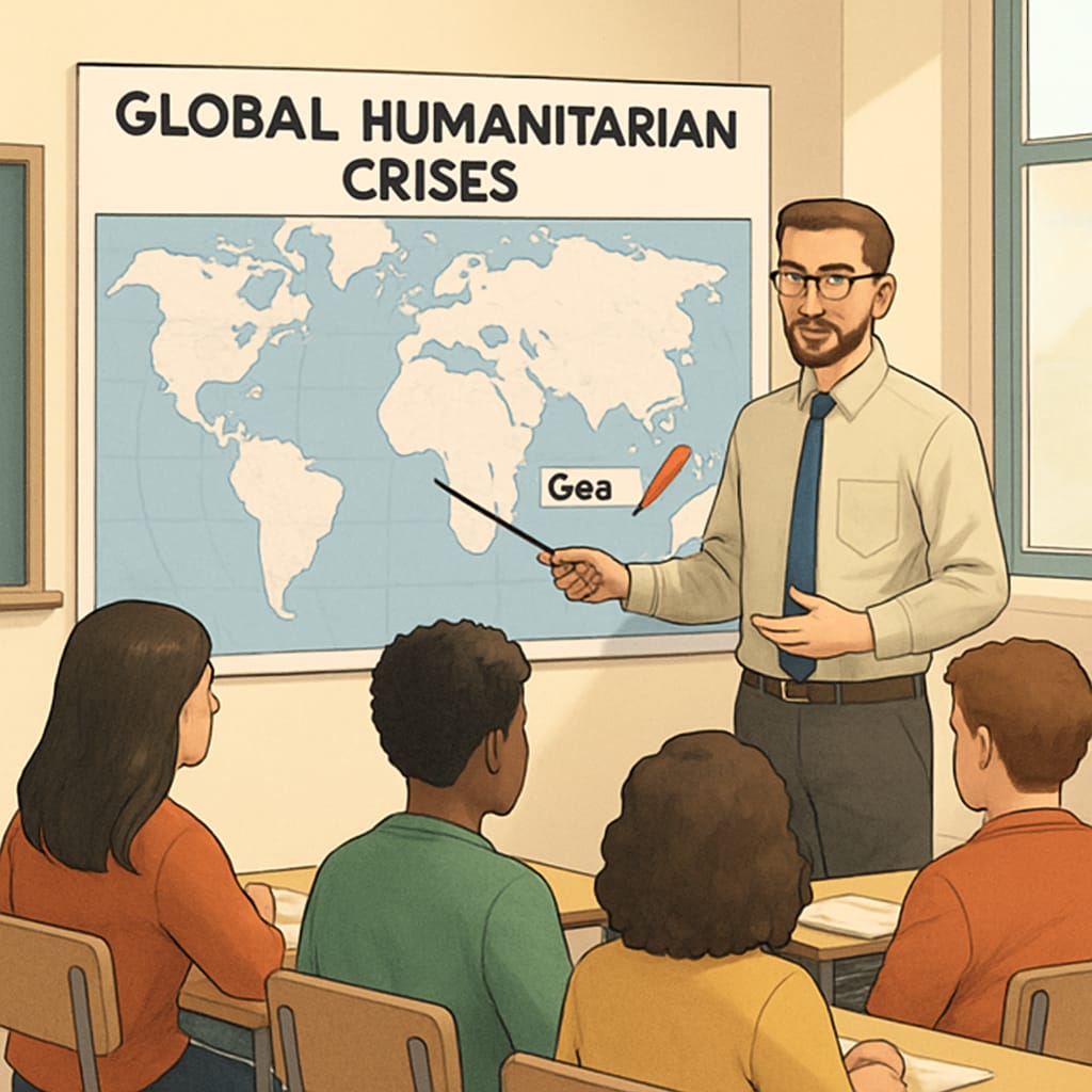 A teacher explaining humanitarian crises, with a focus on Gaza, to students.