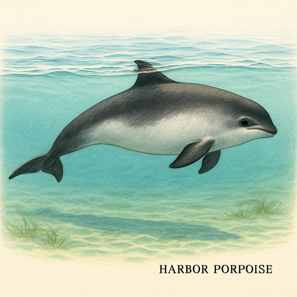 A vibrant image of a harbor porpoise swimming near the surface of coastal waters. Harbor porpoise swimming in coastal waters, highlighting marine biodiversity.