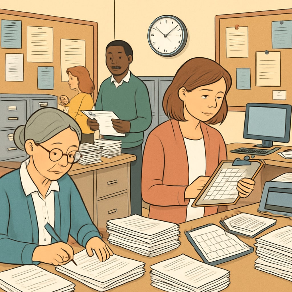 A bustling school office with administrative staff managing paperwork and schedules. Administrative staff in a school office handling schedules and communication.
