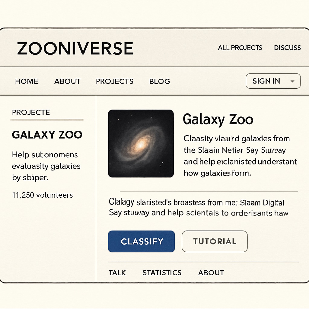 A screenshot of the Zooniverse platform showing a project interface, such as Galaxy Zoo. Screenshot of Zooniverse science project interface.