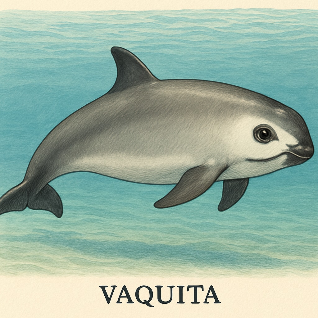 A critically endangered vaquita swimming in the Gulf of California, showcasing its unique facial markings. Vaquita porpoise in the Gulf of California, emphasizing conservation efforts.
