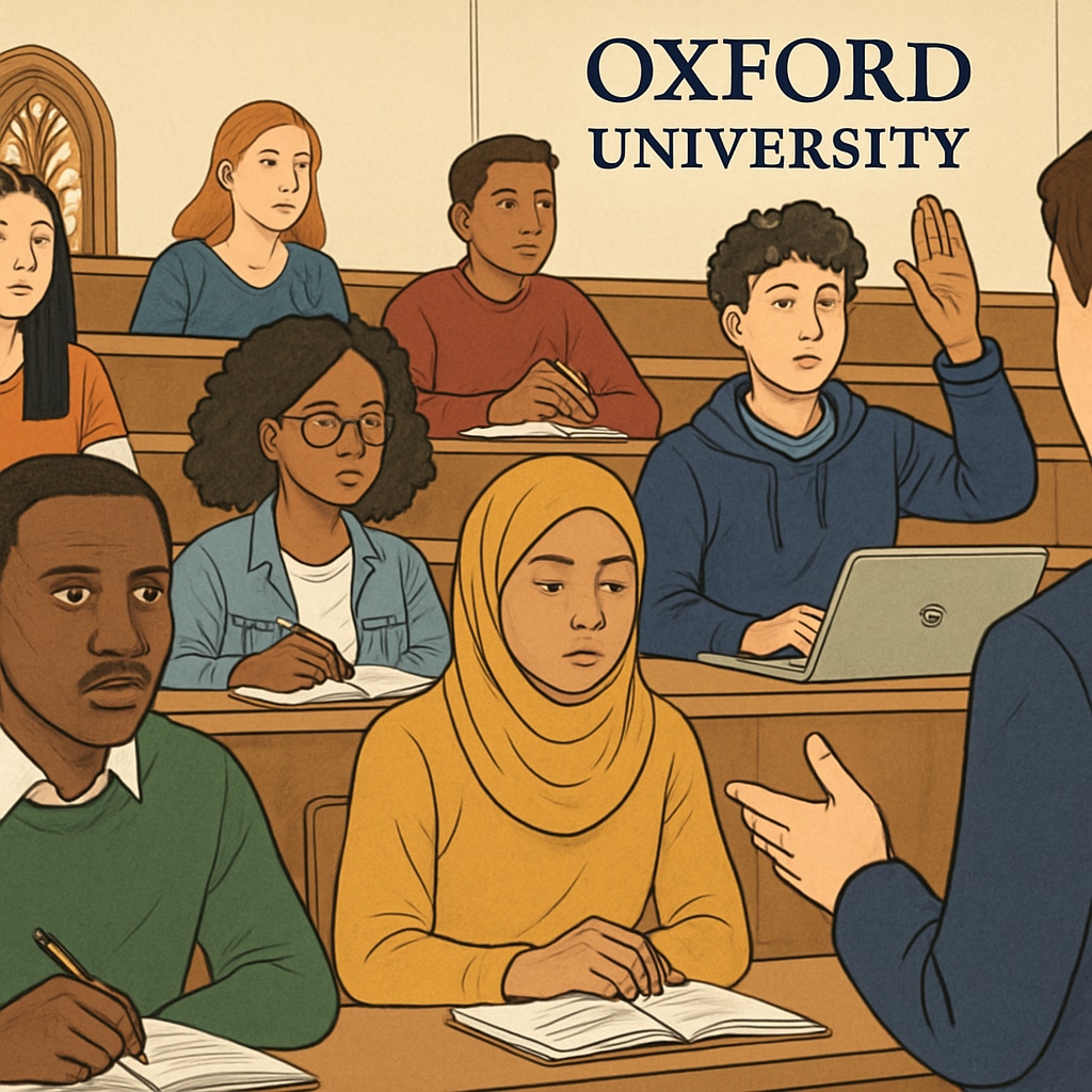 A lecture hall at Oxford University, showing diverse students attending a class to represent the challenges faced by immigrant students. Diverse student group attending a lecture at Oxford University