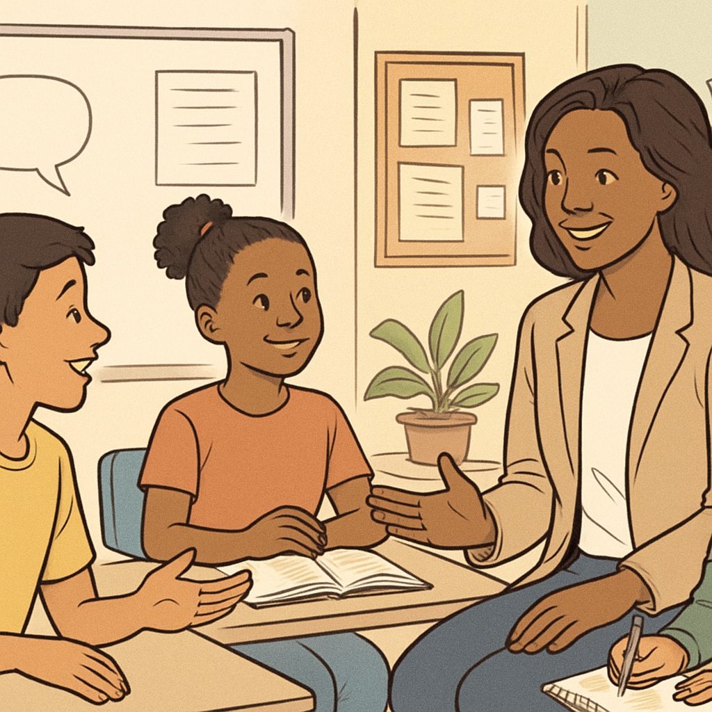 A school counselor engaging with students in a supportive and interactive setting. School counselor interacting with students in a K12 environment.