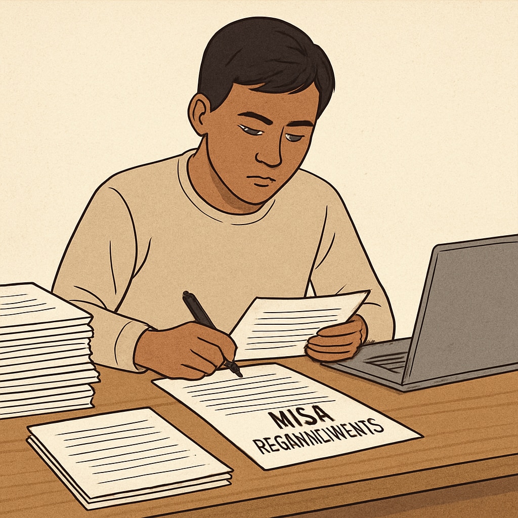 An immigrant student reviewing paperwork related to visa requirements, highlighting bureaucratic challenges. Immigrant student reviewing visa paperwork