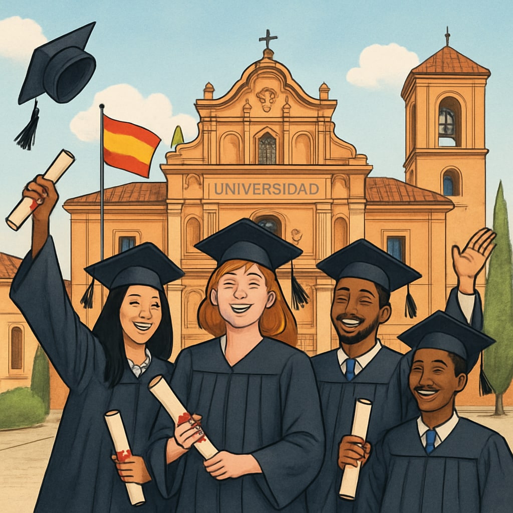 A group of international students celebrating their graduation in front of a Spanish university, symbolizing academic success and cultural integration. International students graduating in Spain, representing success in education and integration.