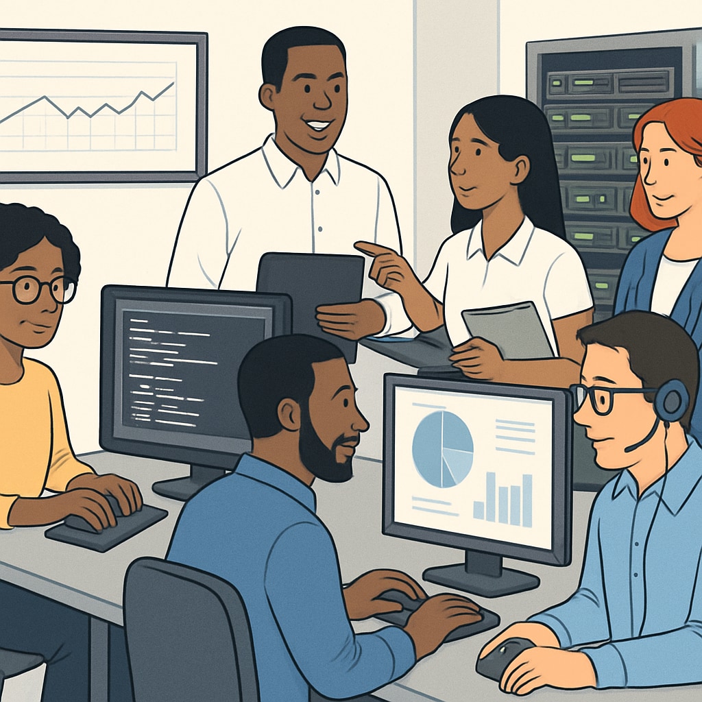 An image of a diverse group of IT professionals working in different roles, such as coding, analyzing data, and managing networks. IT professionals working in various roles, representing career planning for IT majors.