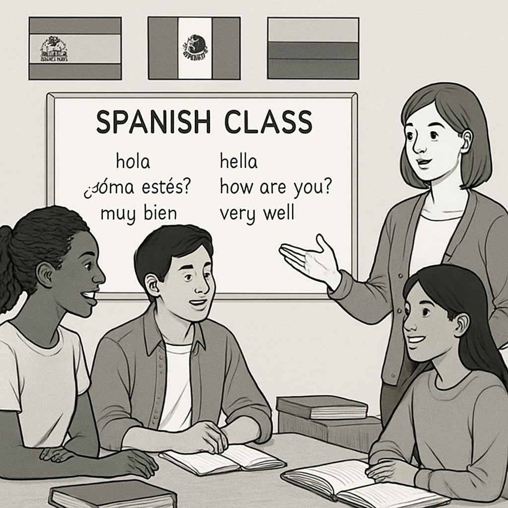A Spanish language class in session, with international students practicing conversational Spanish, highlighting the importance of language learning. International students learning Spanish, showcasing the role of language in adaptation.