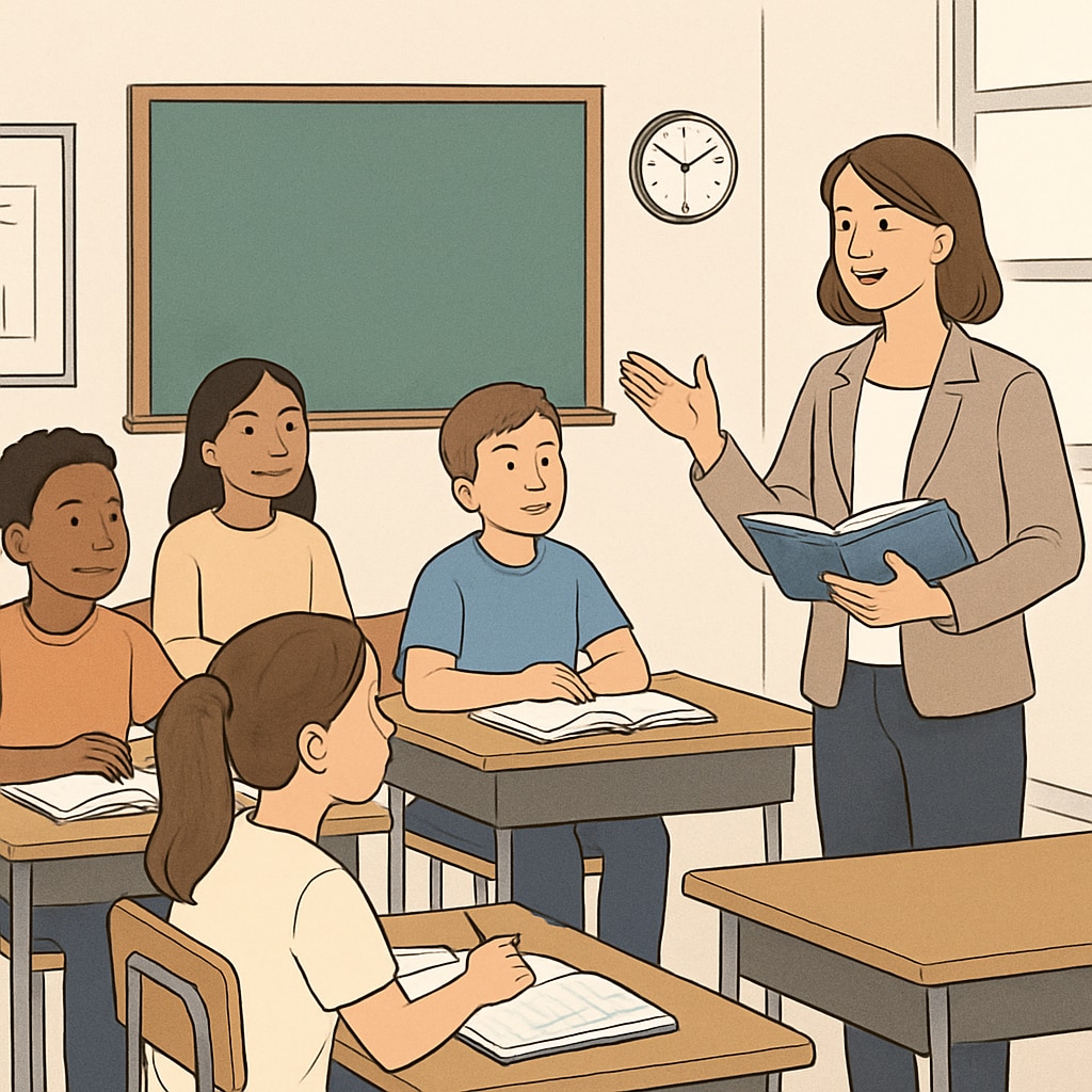 A classroom environment where students are focused on learning, with a teacher engaging actively. Classroom environment illustrating focused students and effective teaching.