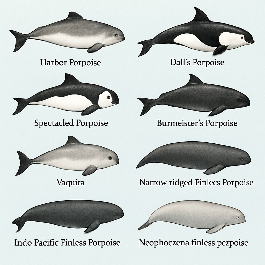 A vibrant illustration of different porpoise species, labeled with their names, such as the Harbor Porpoise and Vaquita, highlighting diversity in marine life. Illustration of porpoise species, including Harbor Porpoise and Vaquita, highlighting marine biodiversity.