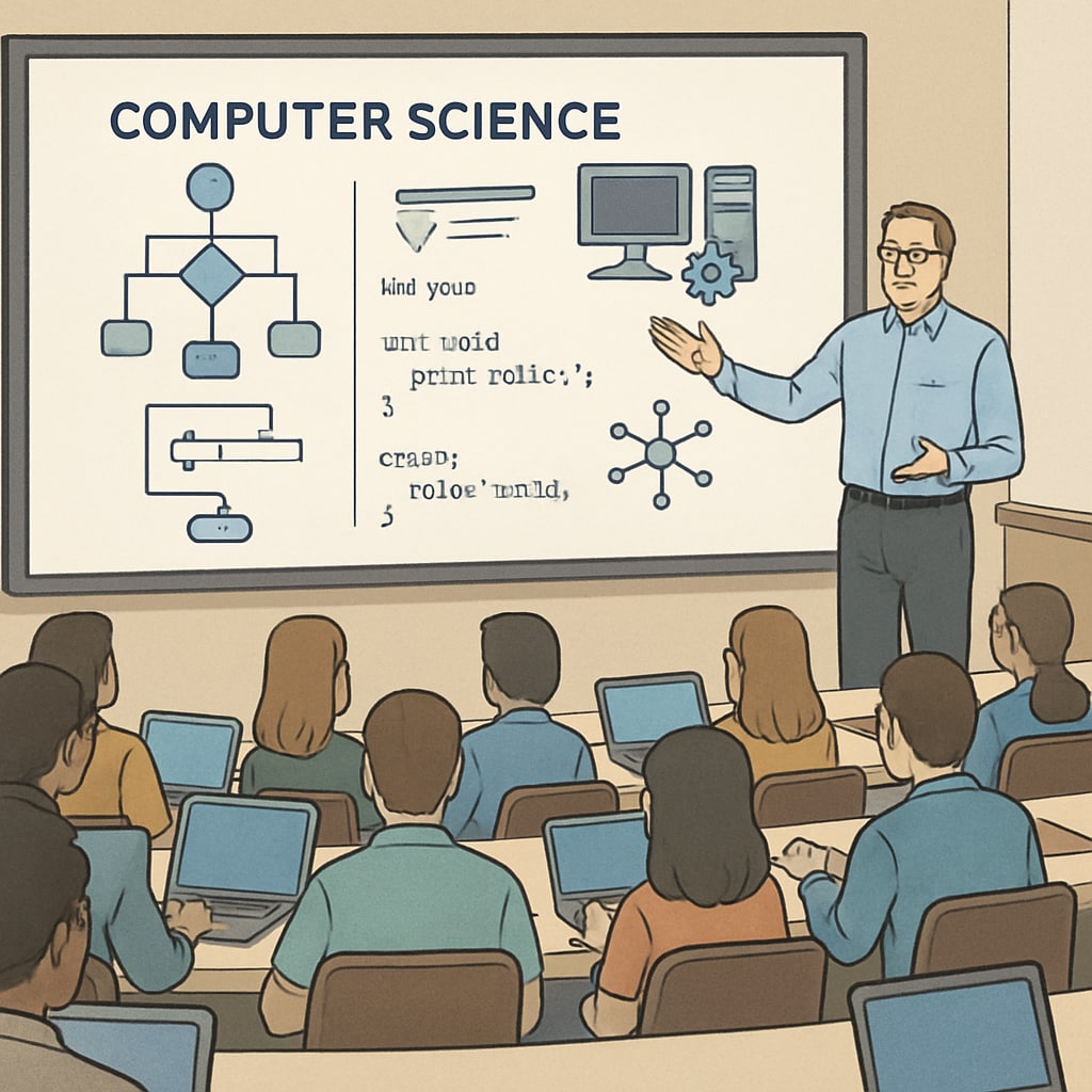 A university lecture hall with students learning about computer science and IT topics, symbolizing the start of their career journey. Students in a university lecture hall studying IT and computer science.