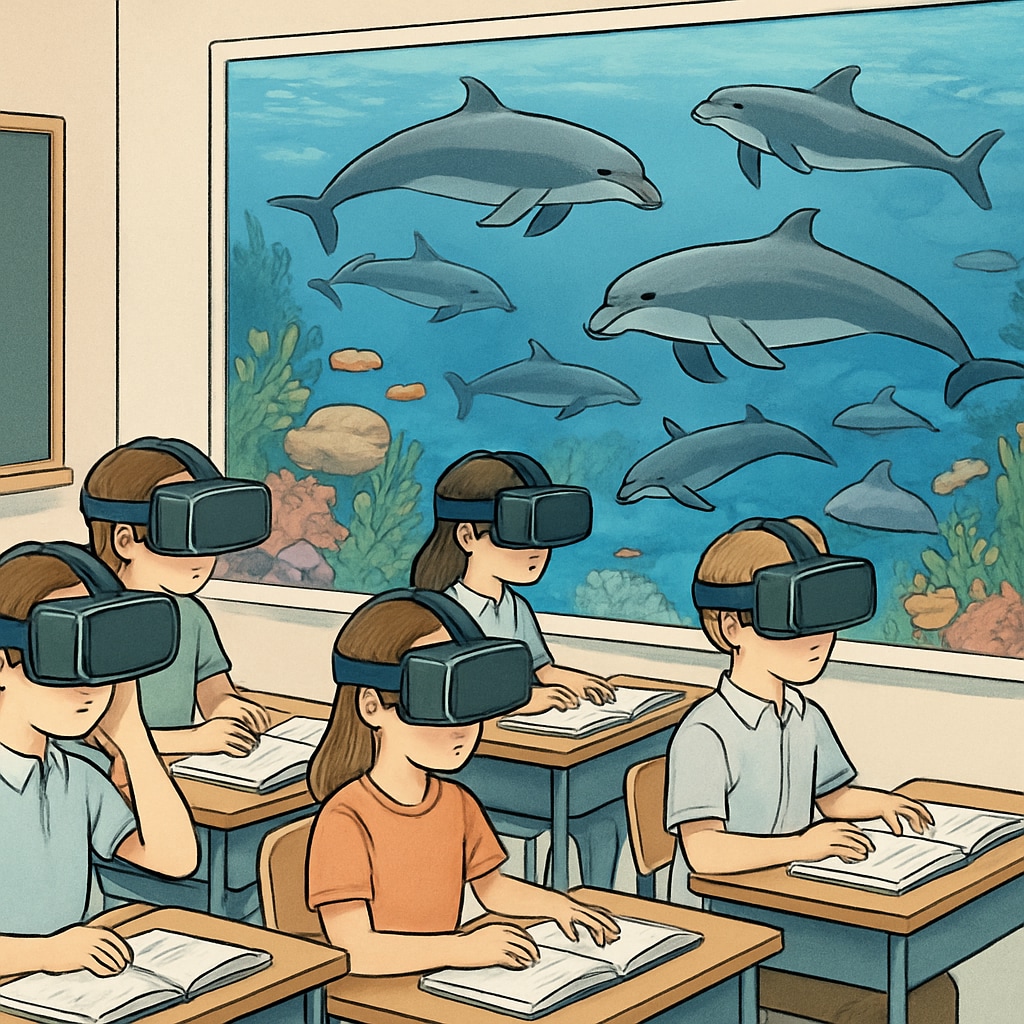 A classroom setting where students use VR headsets to explore an underwater world filled with porpoises, demonstrating immersive marine education. Students using VR to explore porpoises in a virtual underwater environment.