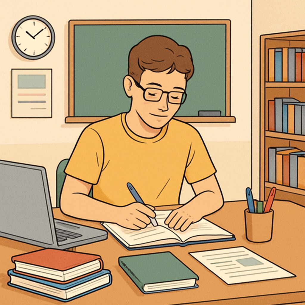 A student engaged in an online course, with a laptop and study materials spread out on a desk. Student participating in an online course as part of the Khan World School and ASU dual enrollment program.