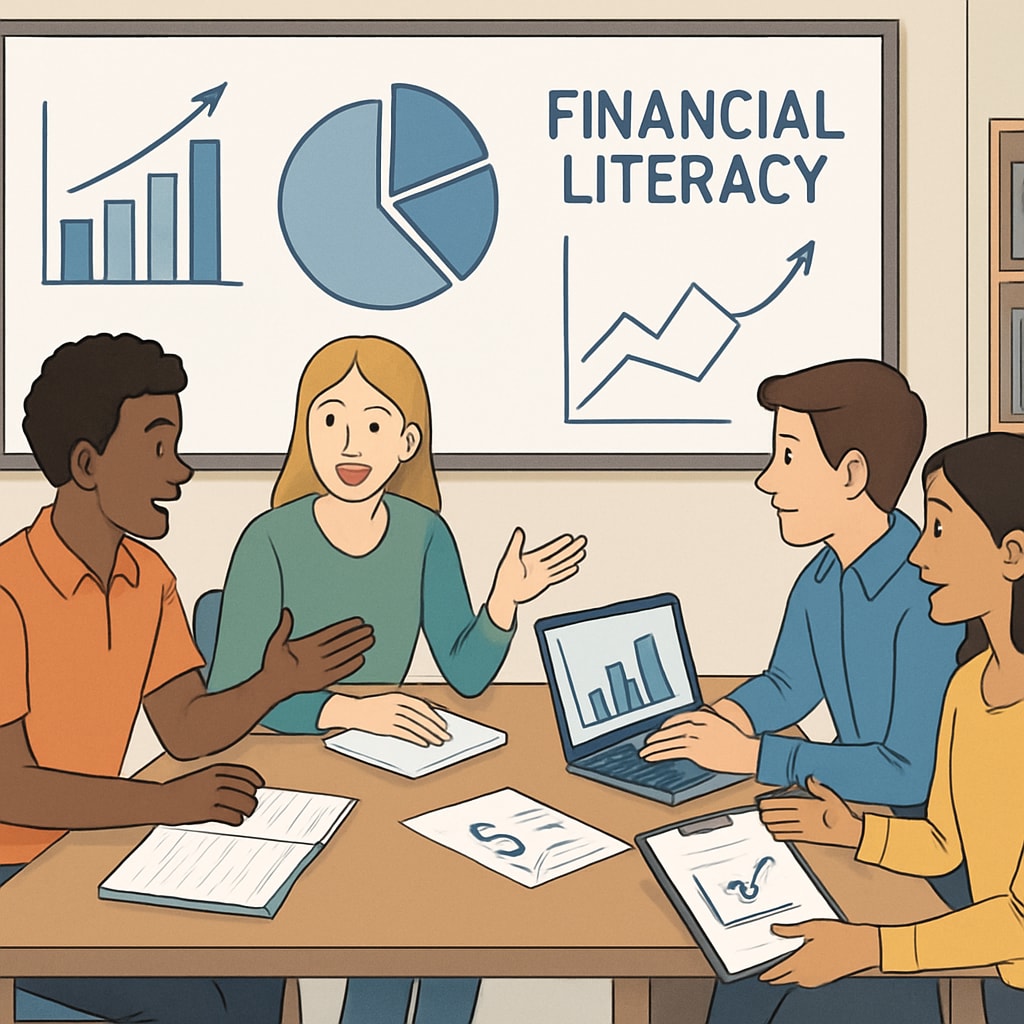 An illustration showing students engaging in a financial literacy workshop, discussing graphs or business-related concepts. Students participating in a financial literacy workshop.