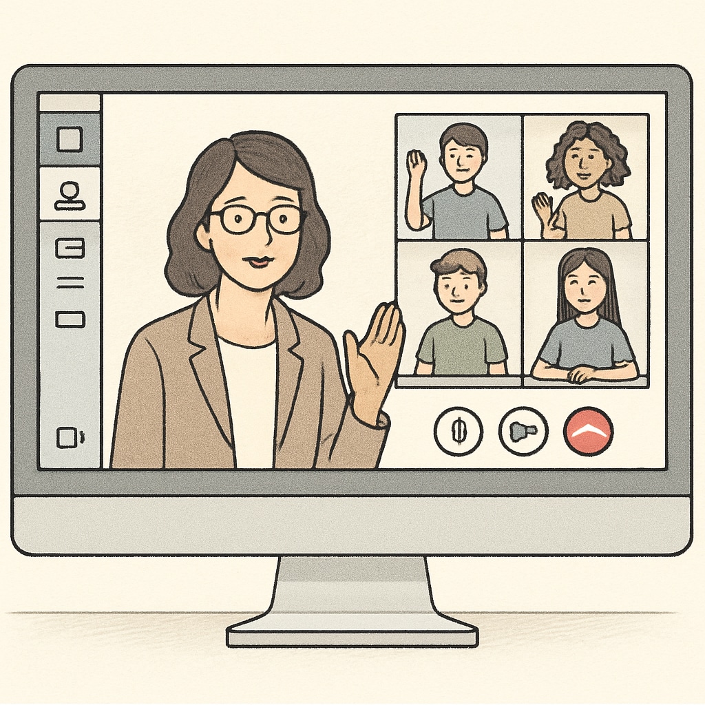 A virtual classroom interface showing a teacher and students interacting via video call. Virtual classroom session with students and a teacher in the Khan World School and ASU program.