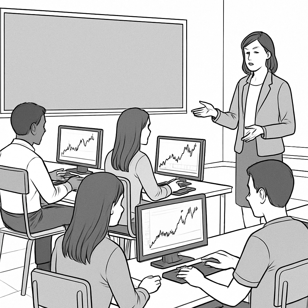 A photo of a classroom where students are analyzing market trends on computers, guided by a teacher. Students analyzing market trends with teacher guidance.