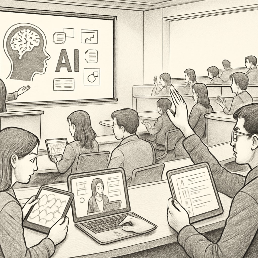 University students interacting with AI-driven educational platforms during a lecture.
