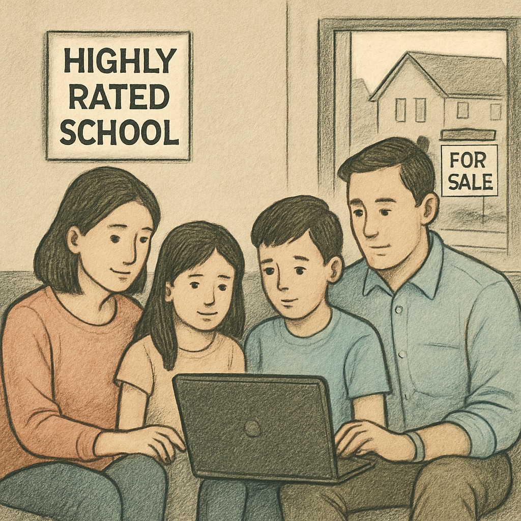 A family searching for homes near a top-ranked school district. The image should depict parents and children using a laptop or visiting a property for sale. Family looking for homes in a top-rated school district for housing choices