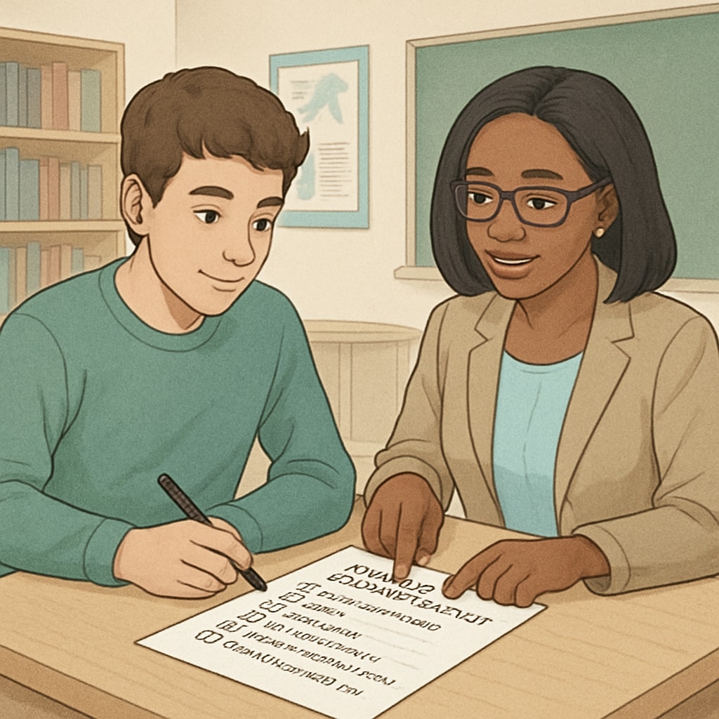 A student and a counselor reviewing a college application checklist, emphasizing the importance of guidance and organization. A student and counselor discussing a college application checklist.
