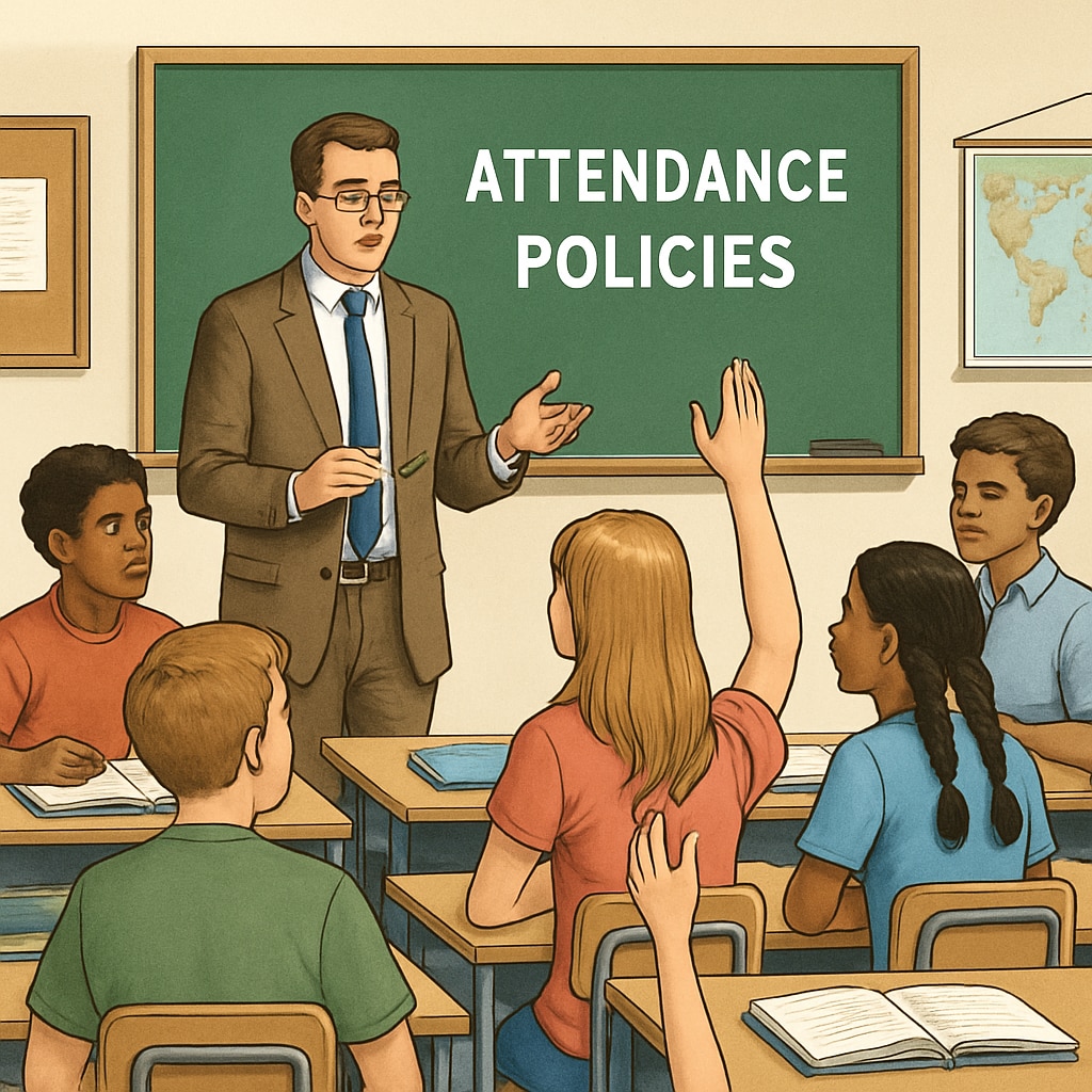 A classroom with students and a teacher discussing attendance policies, emphasizing the importance of education and oversight. Classroom discussion on school attendance policies.