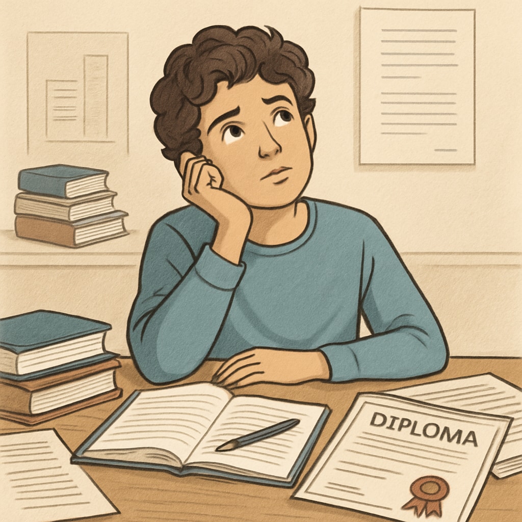 A young student reflecting on their modified diploma journey, sitting at a desk. A student contemplating their modified high school diploma journey.