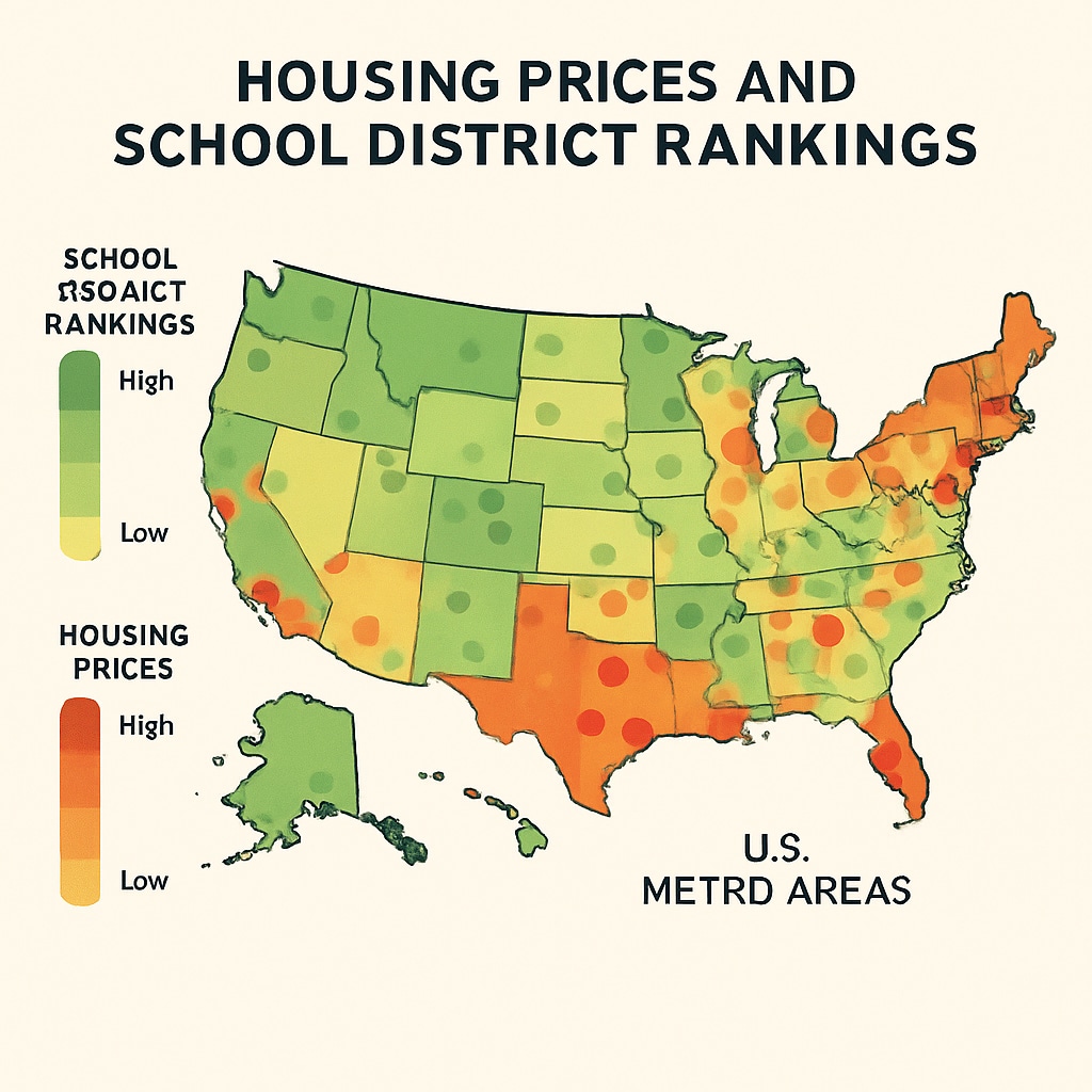 A heatmap of housing prices and school district rankings in U.S. metro areas. The image should provide a visual representation of how education quality correlates with real estate value. Heatmap of housing prices and school district rankings in metro areas