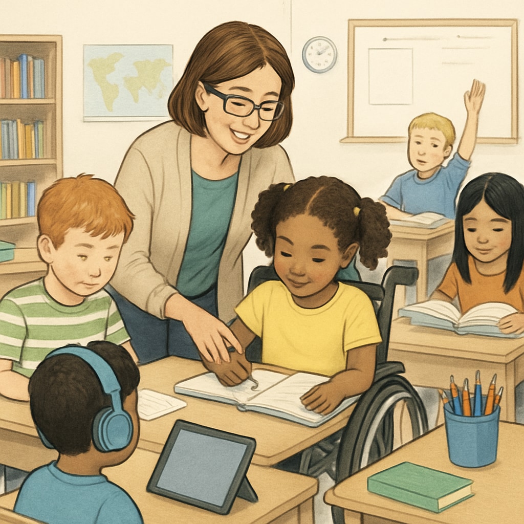 A teacher guiding students with different learning needs in a supportive classroom environment. A teacher supporting a diverse group of students in a classroom setting.