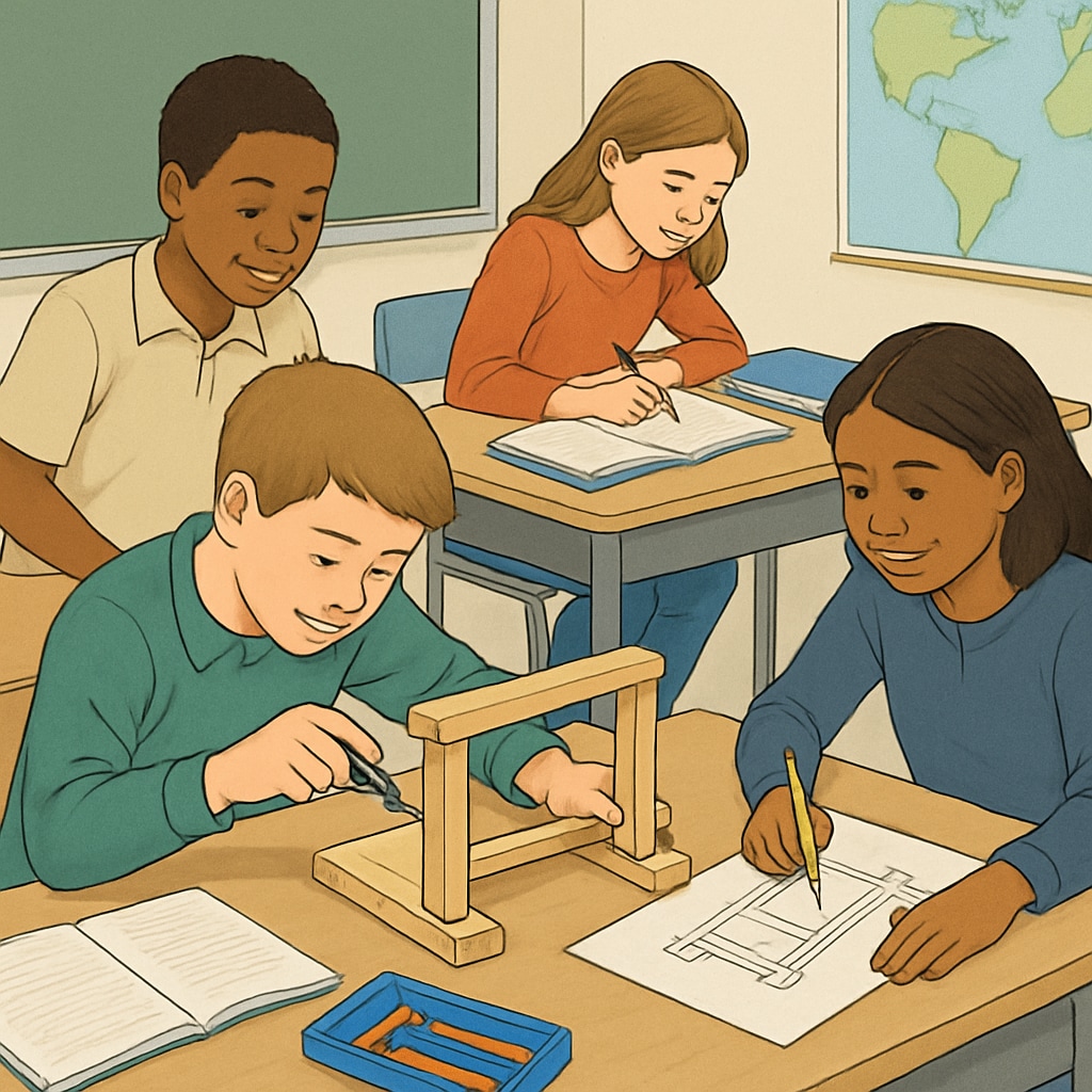 A classroom with students working on a collaborative project, symbolizing the need for practical skills in education. Students collaborating in a classroom, emphasizing practical skills in education.