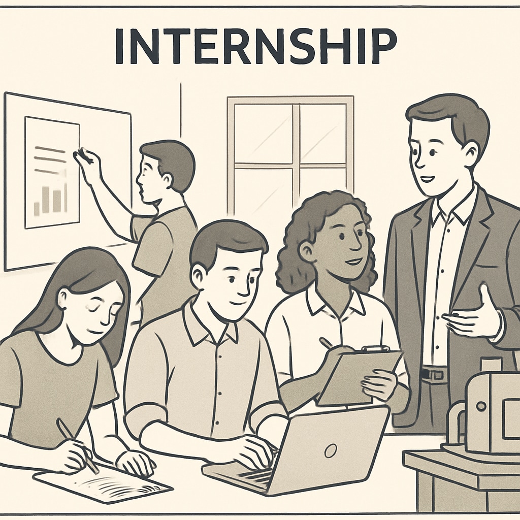 A group of students participating in a hands-on internship program, representing real-world learning opportunities. Students engaged in a hands-on internship, illustrating real-world learning.