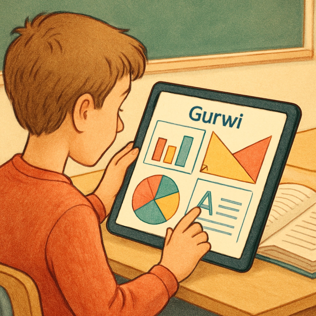 A student using Gurwi on a tablet, with colorful visual aids displayed on the screen. A student engaging with Gurwi’s visual interactive learning features.