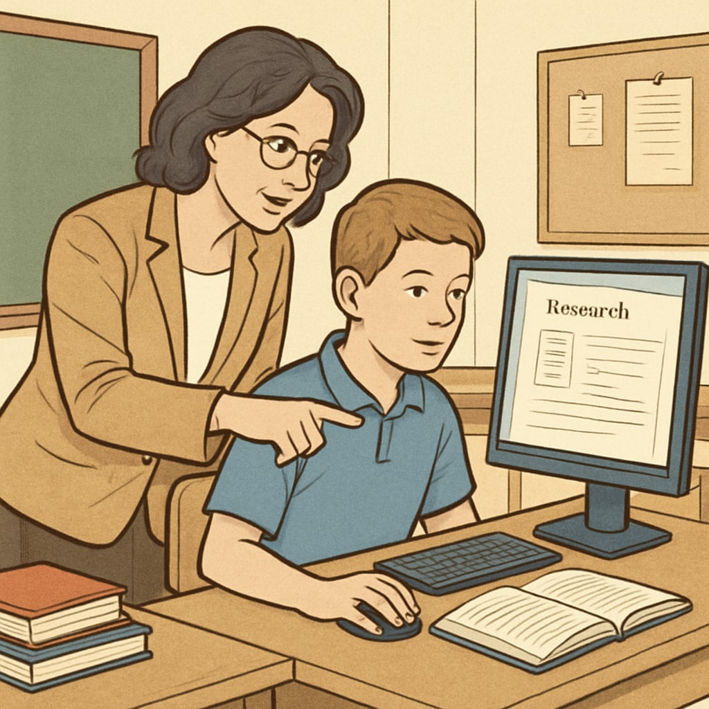 A teacher assisting a student with online research on a computer in a classroom setting. Teacher helping a K12 student navigate age verification systems for online content in class.