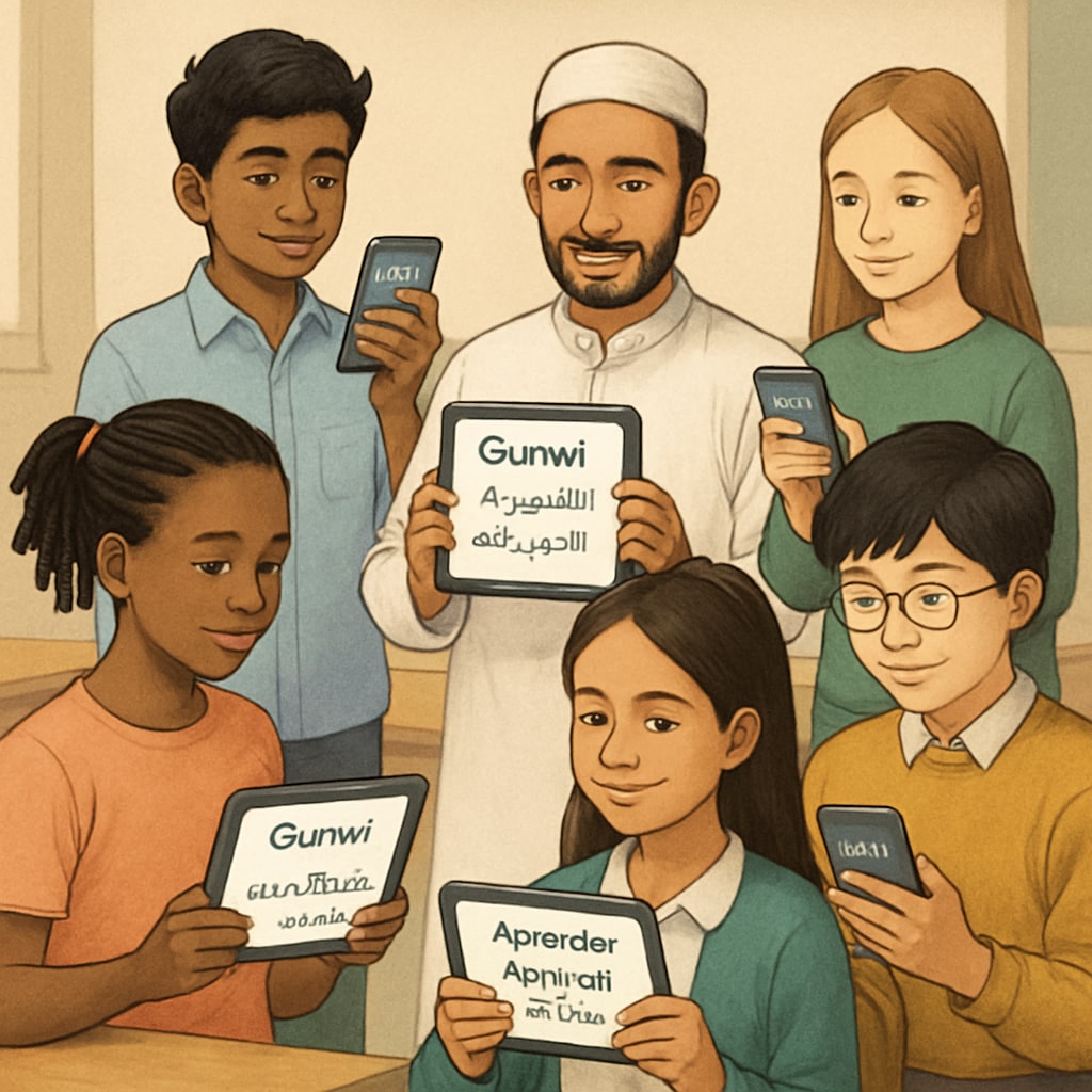 A group of students from different cultural backgrounds, each interacting with the Gurwi app in their native language. Students using Gurwi’s multilingual learning tools for inclusive education.
