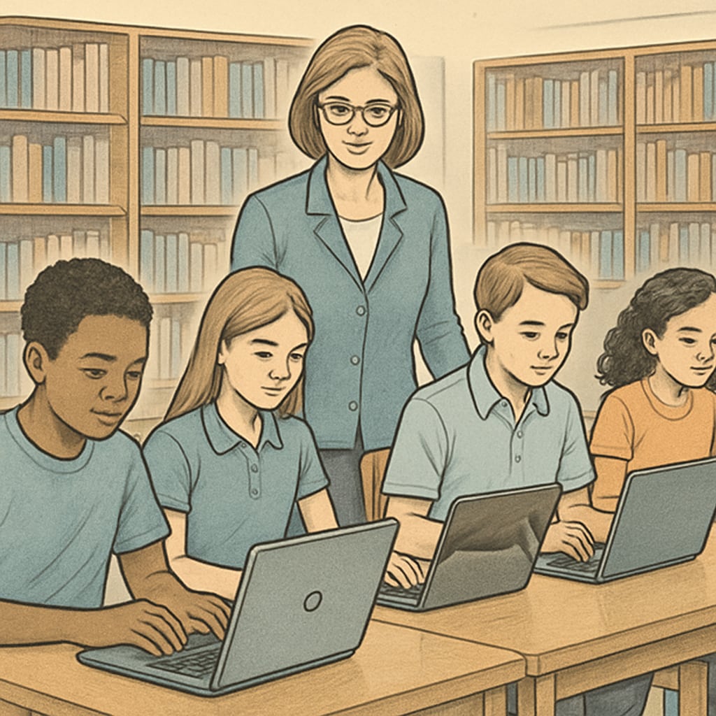 A group of K12 students using laptops in a library, with a teacher supervising. K12 students accessing educational content online under teacher supervision.